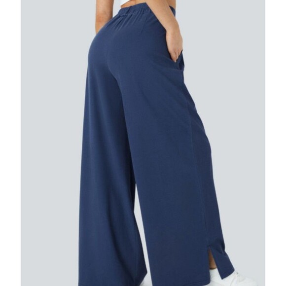 Halara Blue Twill Pleated High Waist Wide Leg Ankle Slit Pants Size Small TALL - Picture 7 of 11